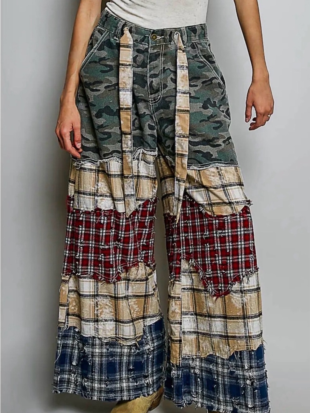 NEW POL : Patchwork Wide-Leg Plaid & Camo Pants